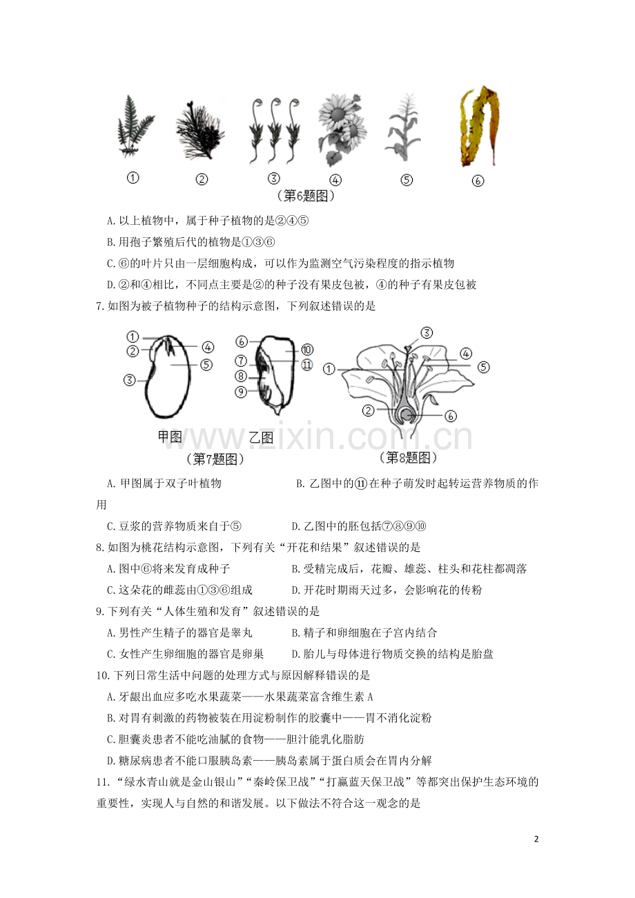 陕西省咸阳市2019年中考生物真题试题.docx_第2页