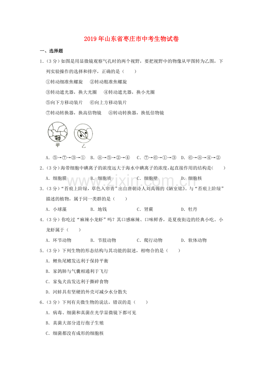 山东省枣庄市2019年中考生物真题试题（含解析）.doc_第1页