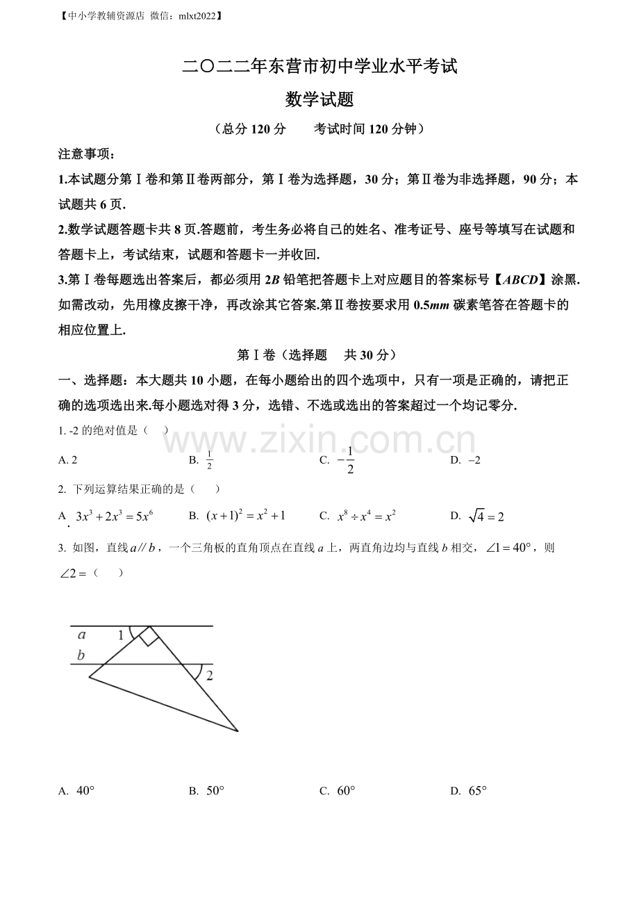 2022年山东省东营市中考数学真题（原卷版）.docx_第1页