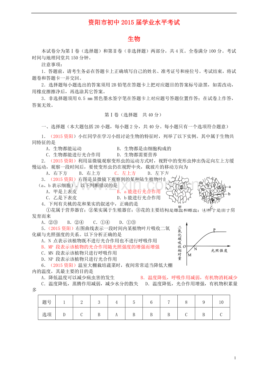 四川省资阳市2015年中考生物真题试题（含答案）.doc_第1页