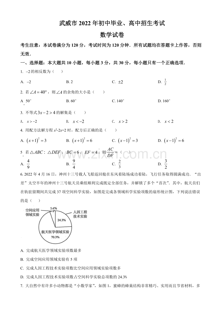 2022年甘肃省武威市中考数学真题（原卷版）.docx_第1页