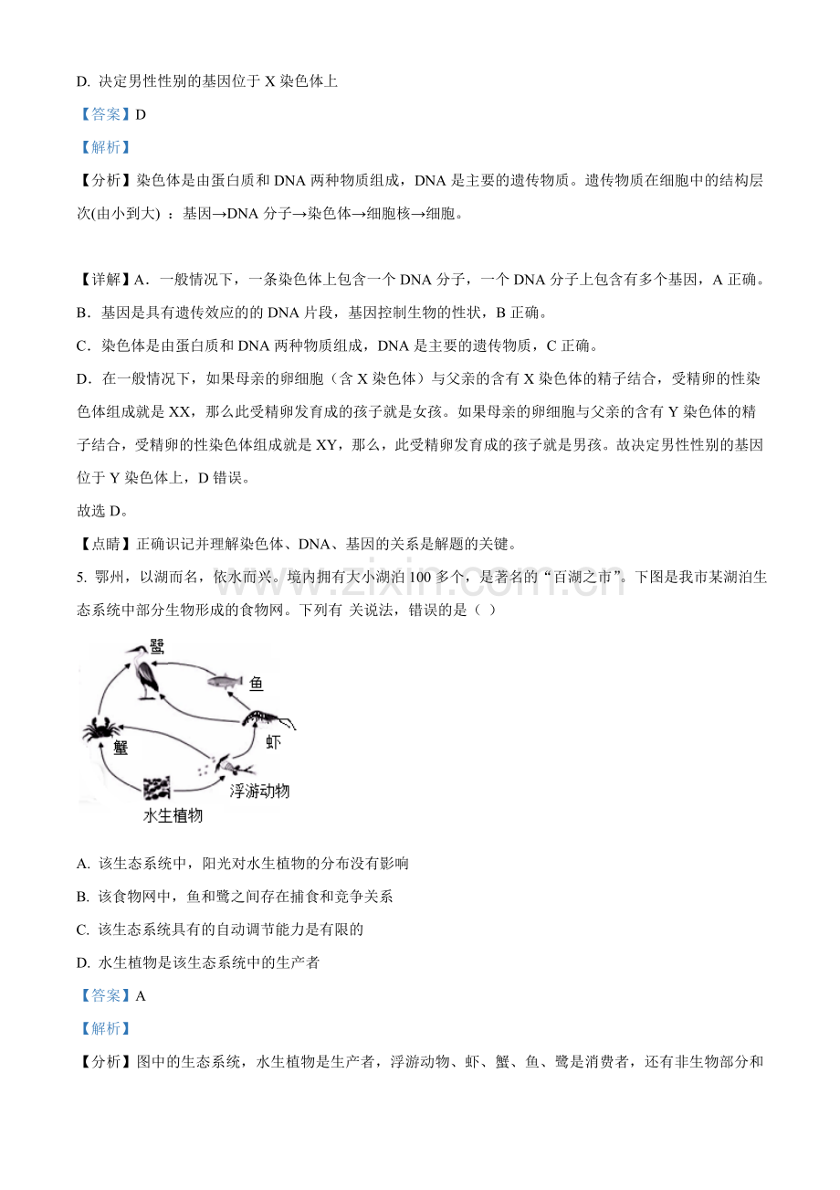 湖北省鄂州市2021年中考生物试题（解析版）.doc_第3页