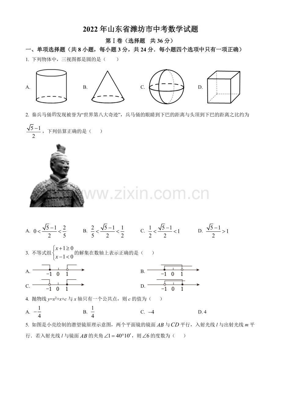 2022年山东省潍坊市中考数学真题（原卷版）.docx_第1页