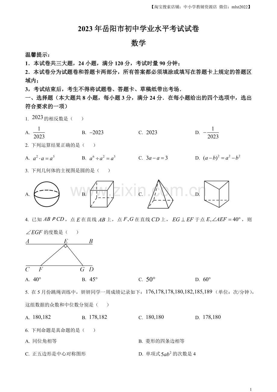 2023年湖南省岳阳市中考数学真题（原卷版）.docx_第1页