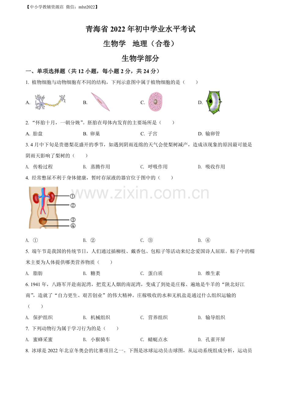 2022年青海省中考生物真题（原卷版）.docx_第1页