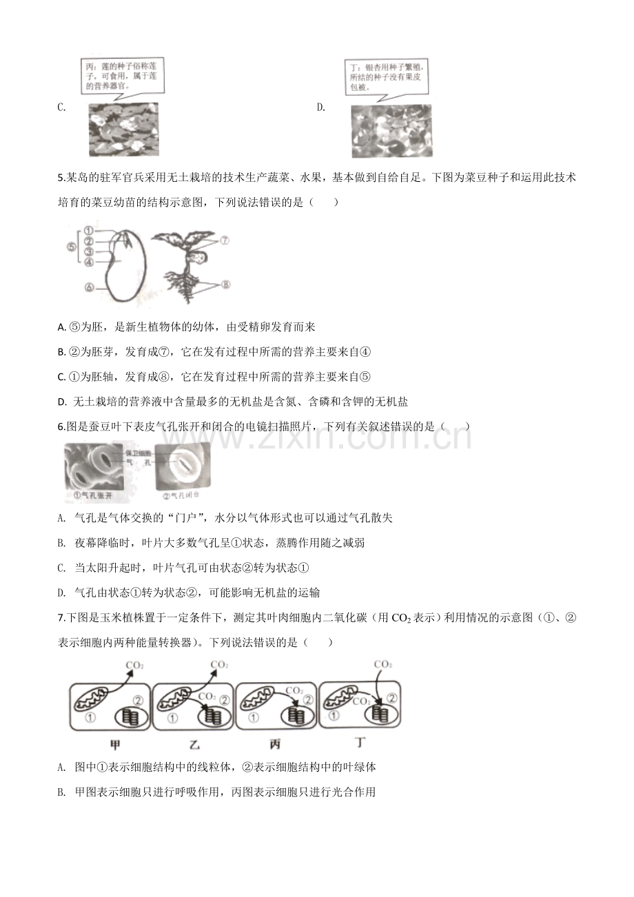 湖南省张家界市2020年中考生物试题（原卷版）.doc_第2页