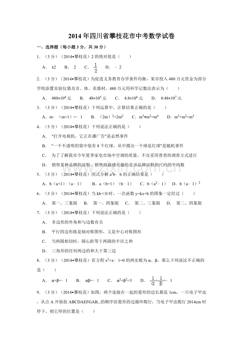 2014年四川省攀枝花市中考数学试卷（含解析版）.doc_第1页