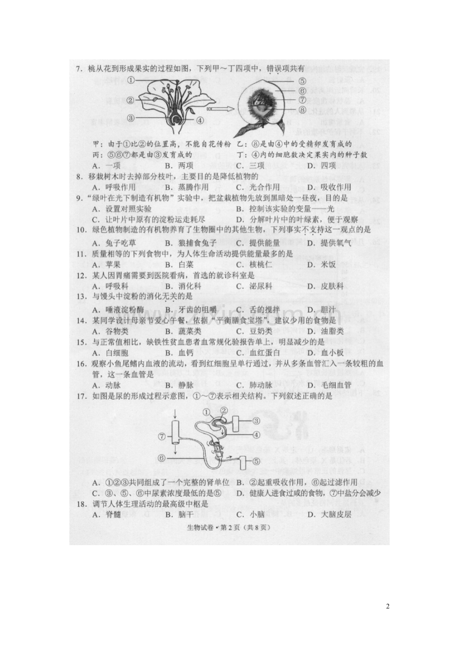 云南省昆明市2016年中考生物真题试题（扫描版含答案）.doc_第2页