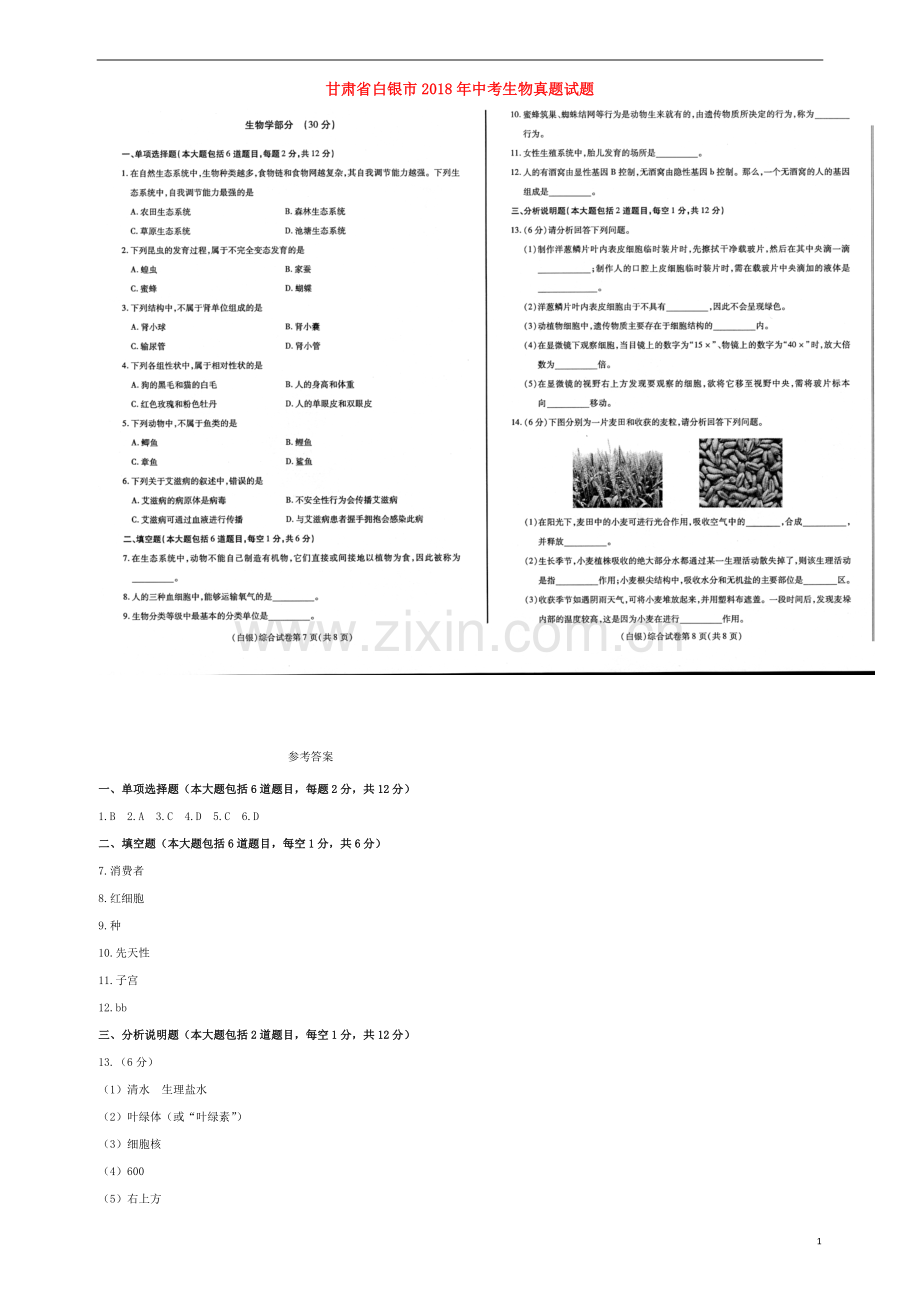 甘肃省白银市2018年中考生物真题试题（扫描版含答案）.doc_第1页