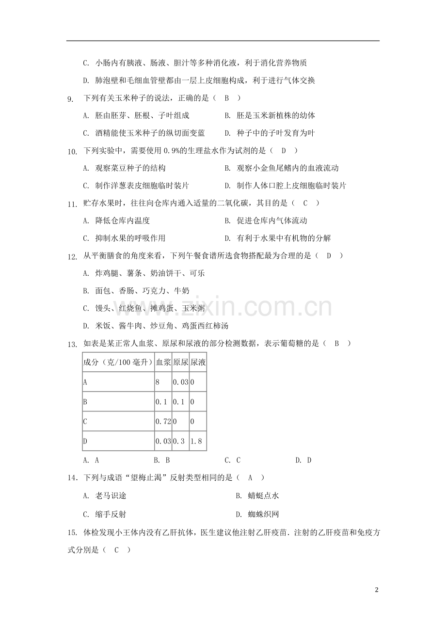 湖北省武汉市2018年中考生物真题试题（含答案）.doc_第2页