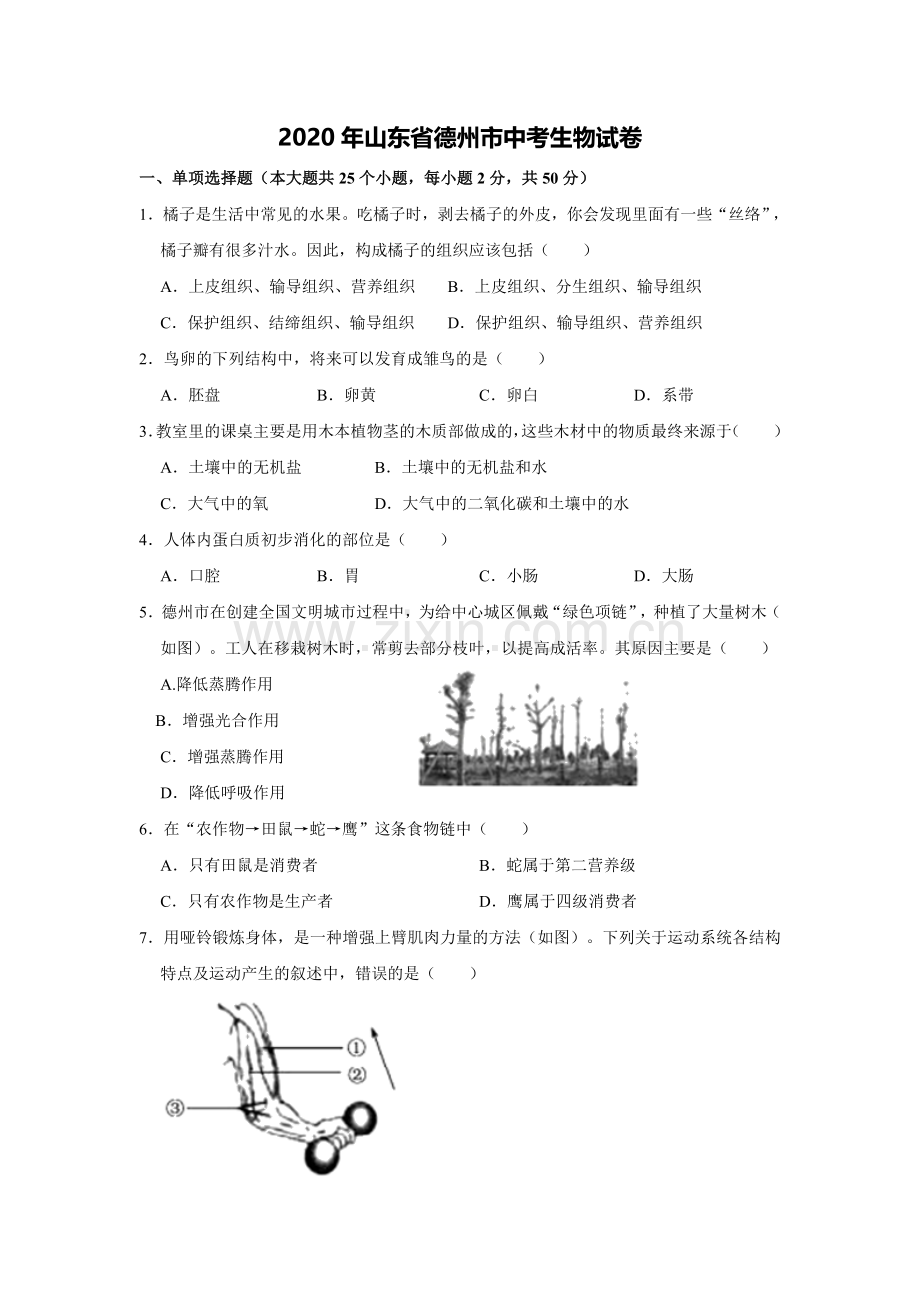 2020年中考生物试卷解析版.doc_第1页