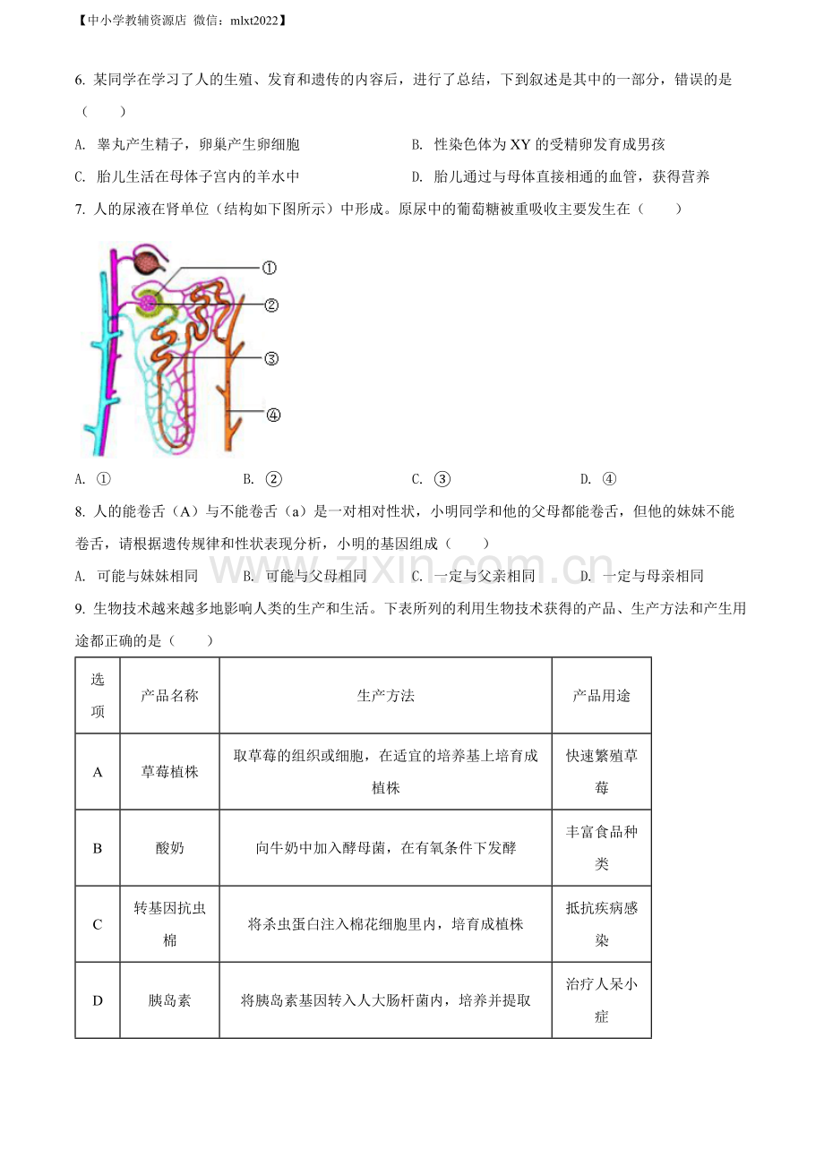 2022年安徽省中考生物真题（原卷版）.docx_第2页