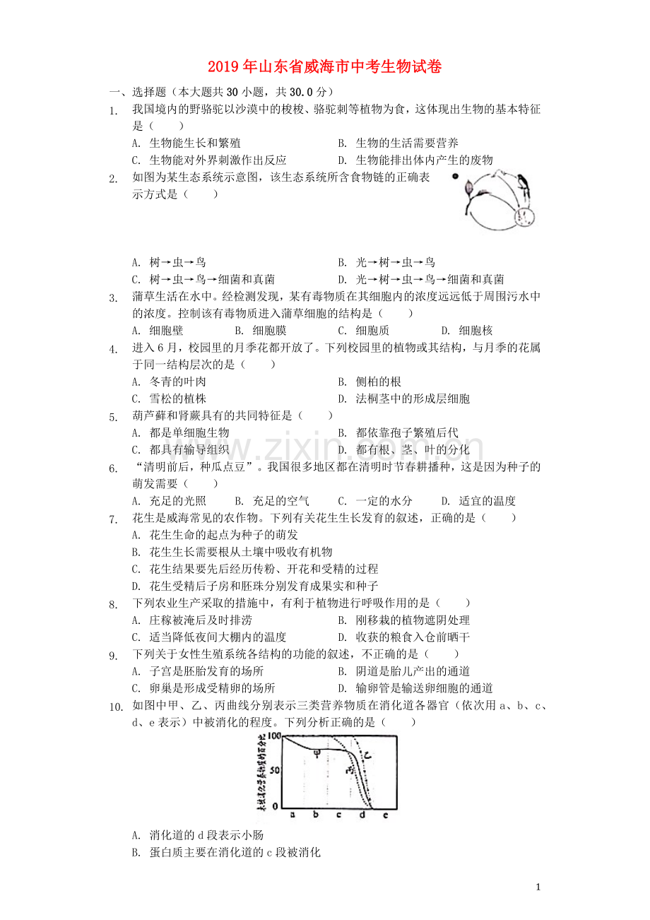 山东省威海市2019年中考生物真题试题（含解析）.docx_第1页