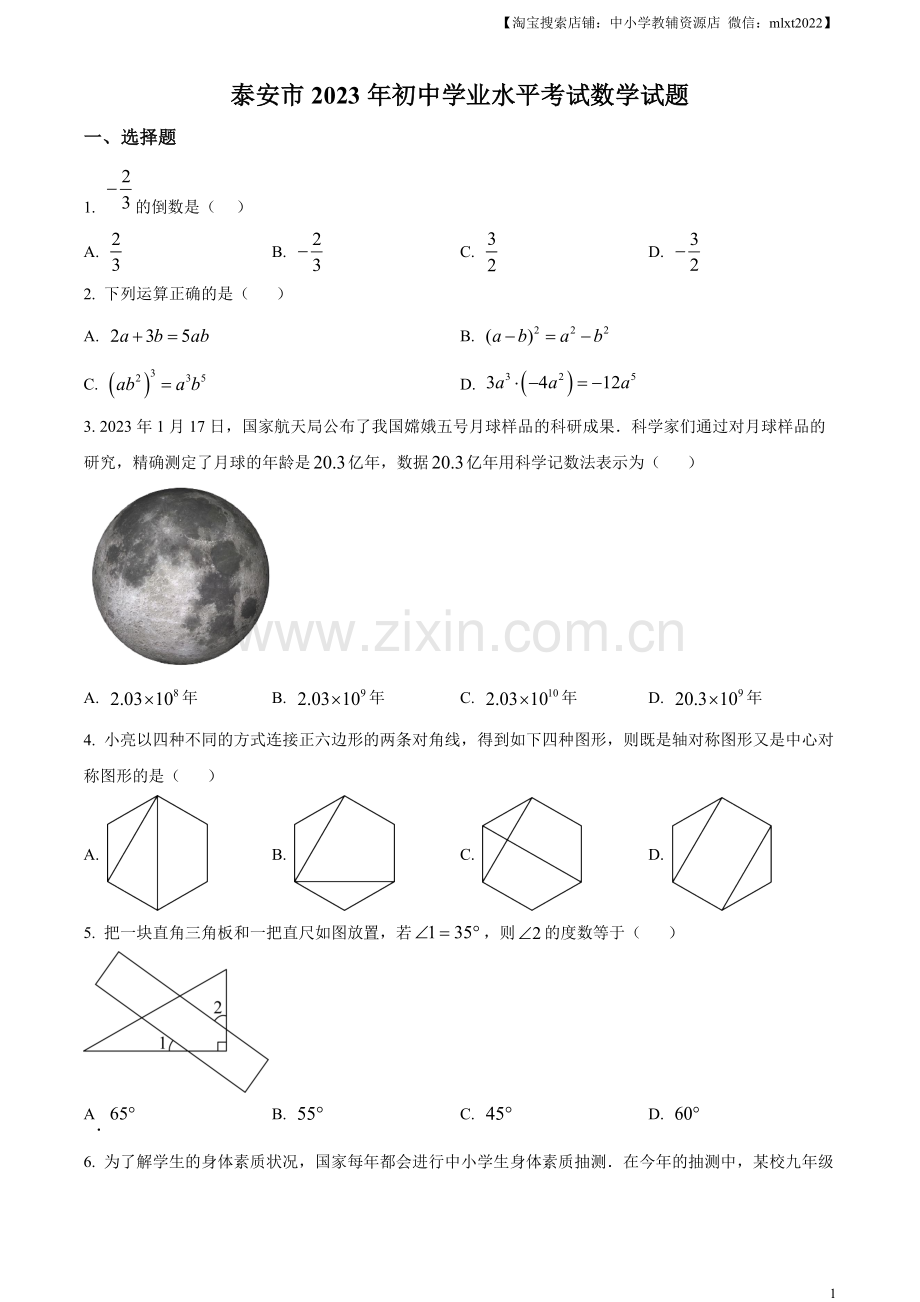 2023年山东省泰安市中考数学真题（原卷版）.docx_第1页