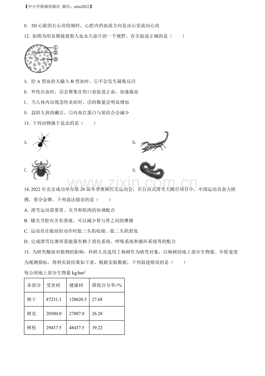 2022年湖南省益阳市中考生物真题（原卷版）.docx_第3页