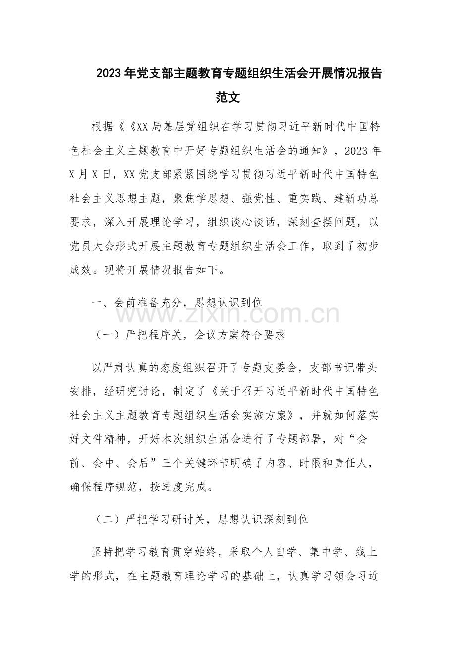 2023年党支部主题教育专题组织生活会开展情况报告范文.docx_第1页