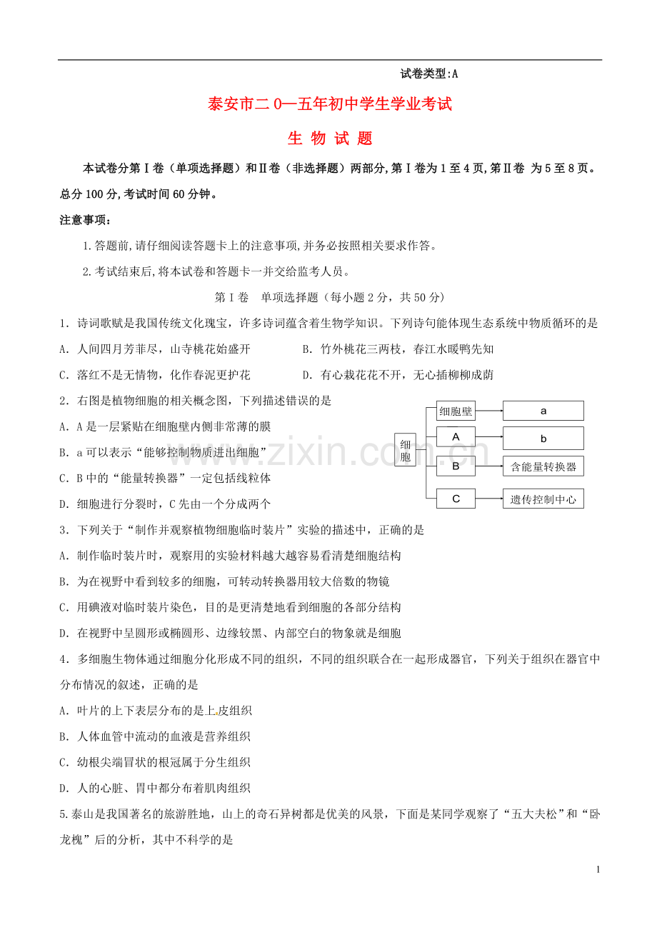 山东省泰安市2015年中考生物真题试题（含扫描答案）.doc_第1页