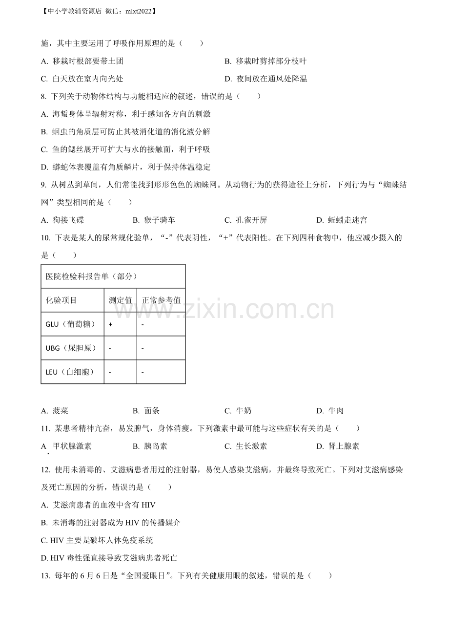 2022年四川省绵阳市中考生物真题（原卷版）.docx_第2页