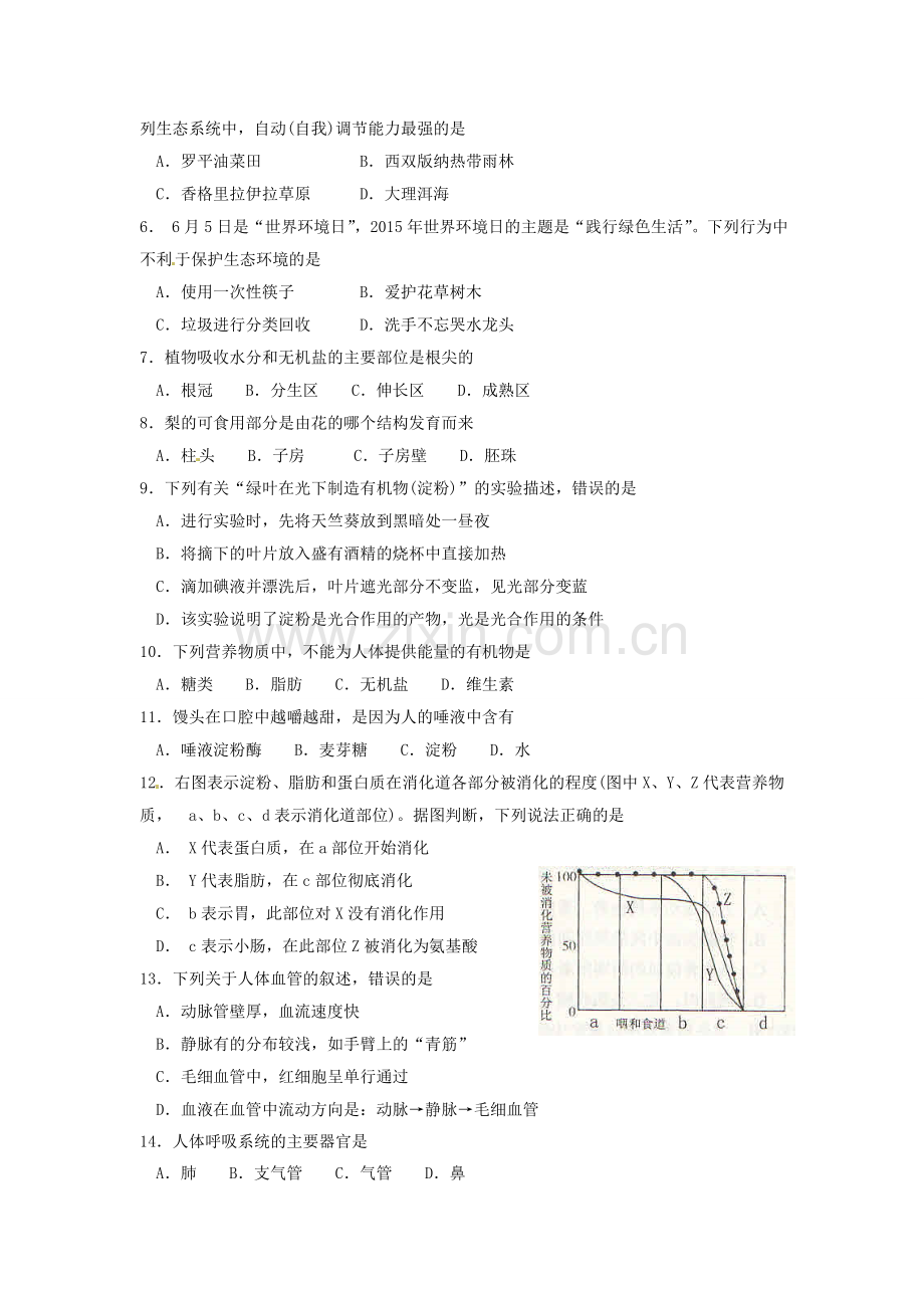 云南省2015年中考生物试题（word版含答案）.doc_第2页