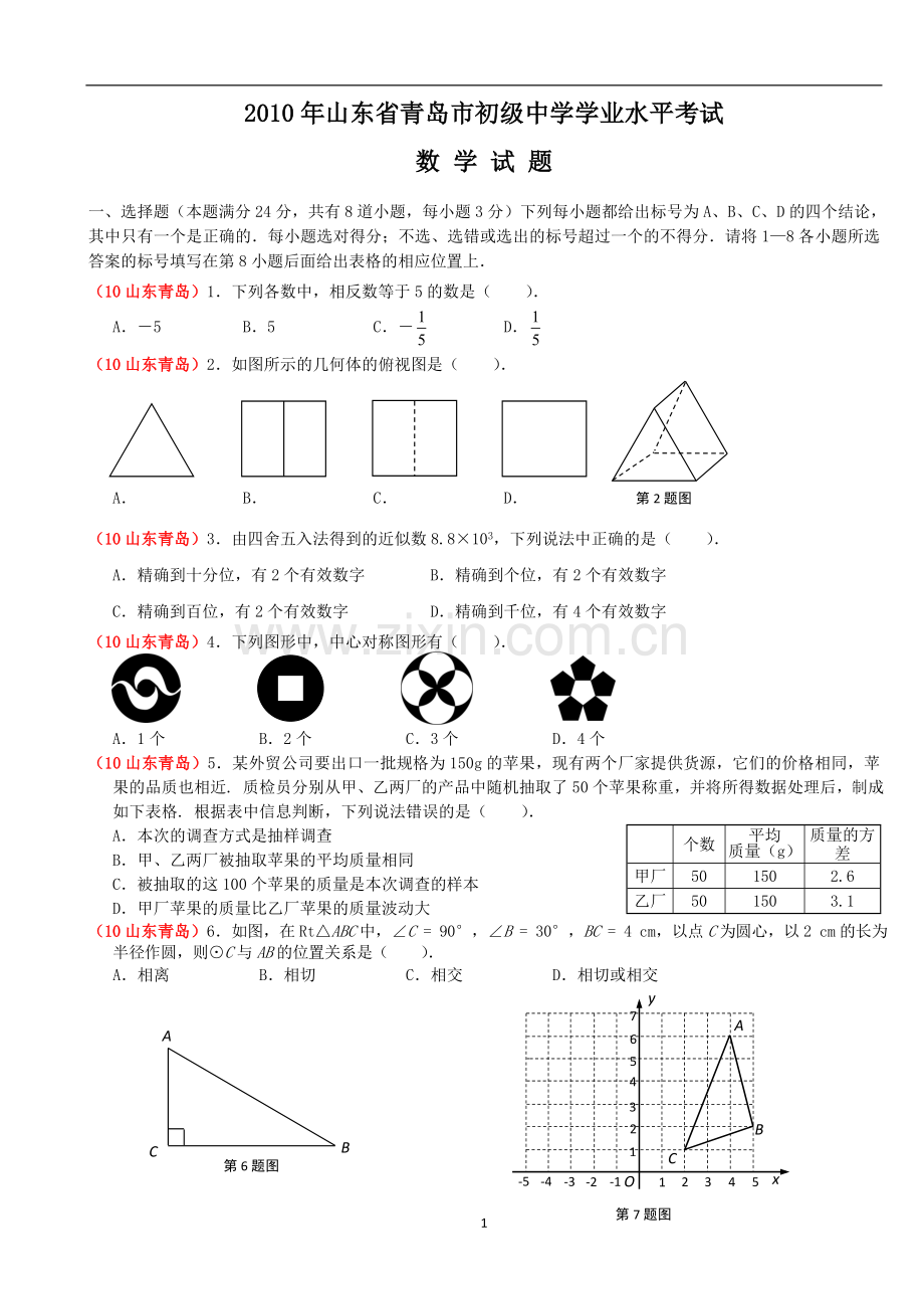 2010年青岛市中考数学试题及答案.doc_第1页