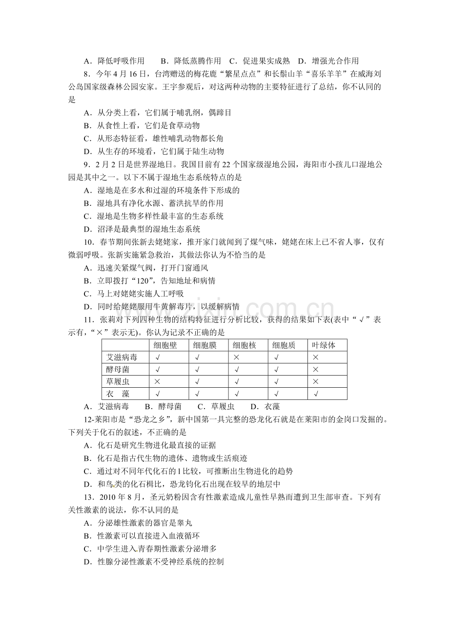 2011烟台市中考生物试题及答案(word版).doc_第2页