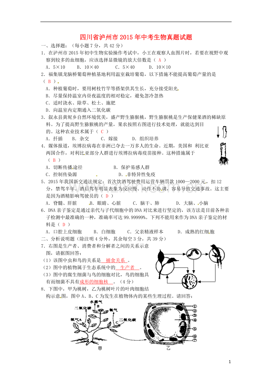 四川省泸州市2015年中考生物真题试题（含答案）.doc_第1页