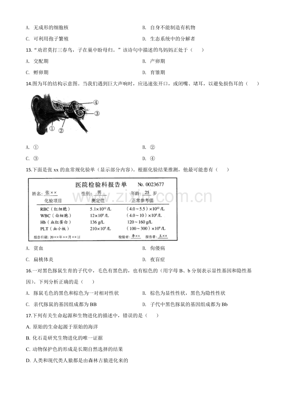 河南省2020年中考生物试题（原卷版）.doc_第3页