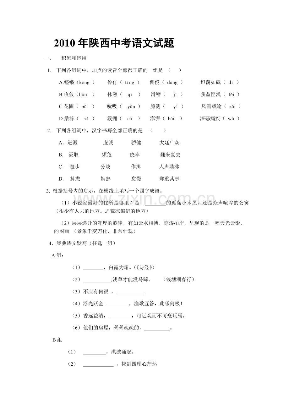 2010年陕西省中考语文试题及答案.docx_第1页