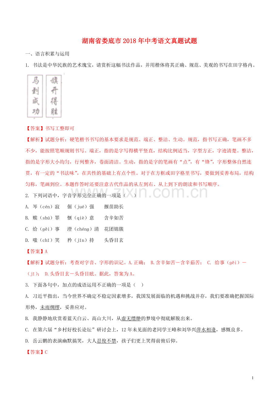 湖南省娄底市2018年中考语文真题试题（含解析）.doc_第1页