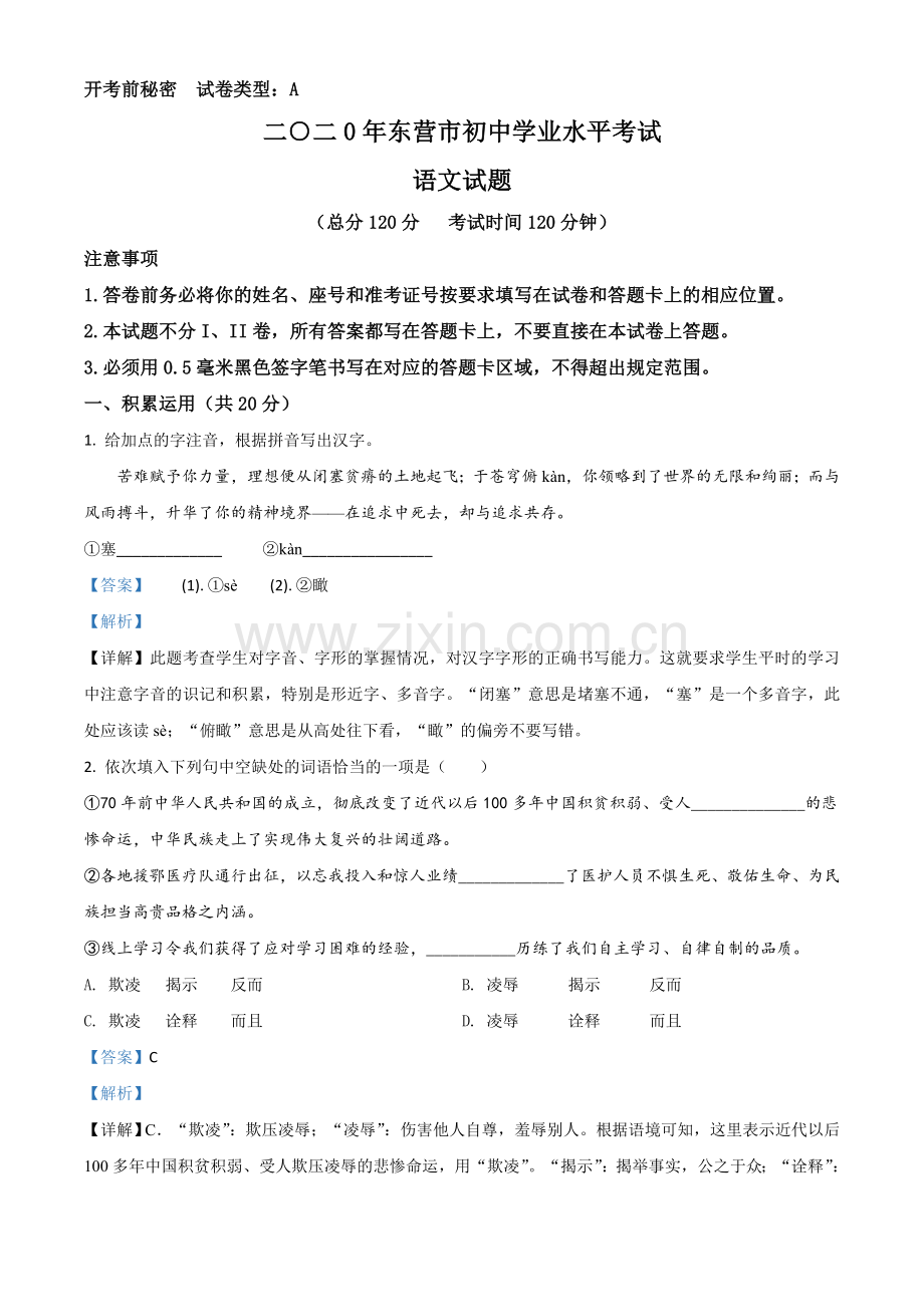 山东省东营市2020年中考语文试题（解析版）.doc_第1页