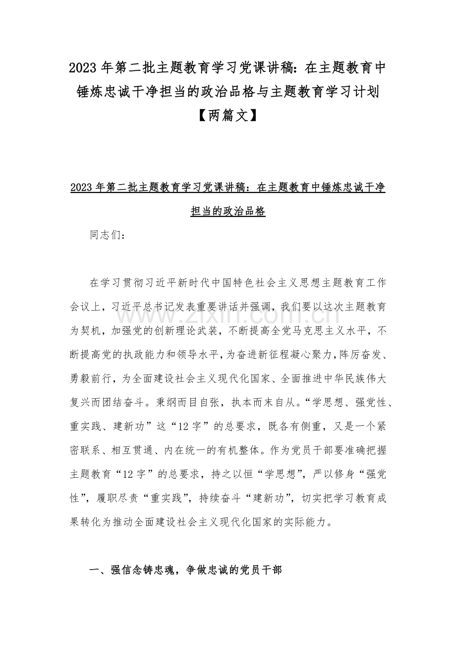 2023年第二批主题教育学习党课讲稿：在主题教育中锤炼忠诚干净担当的政治品格与主题教育学习计划【两篇文】.docx_第1页