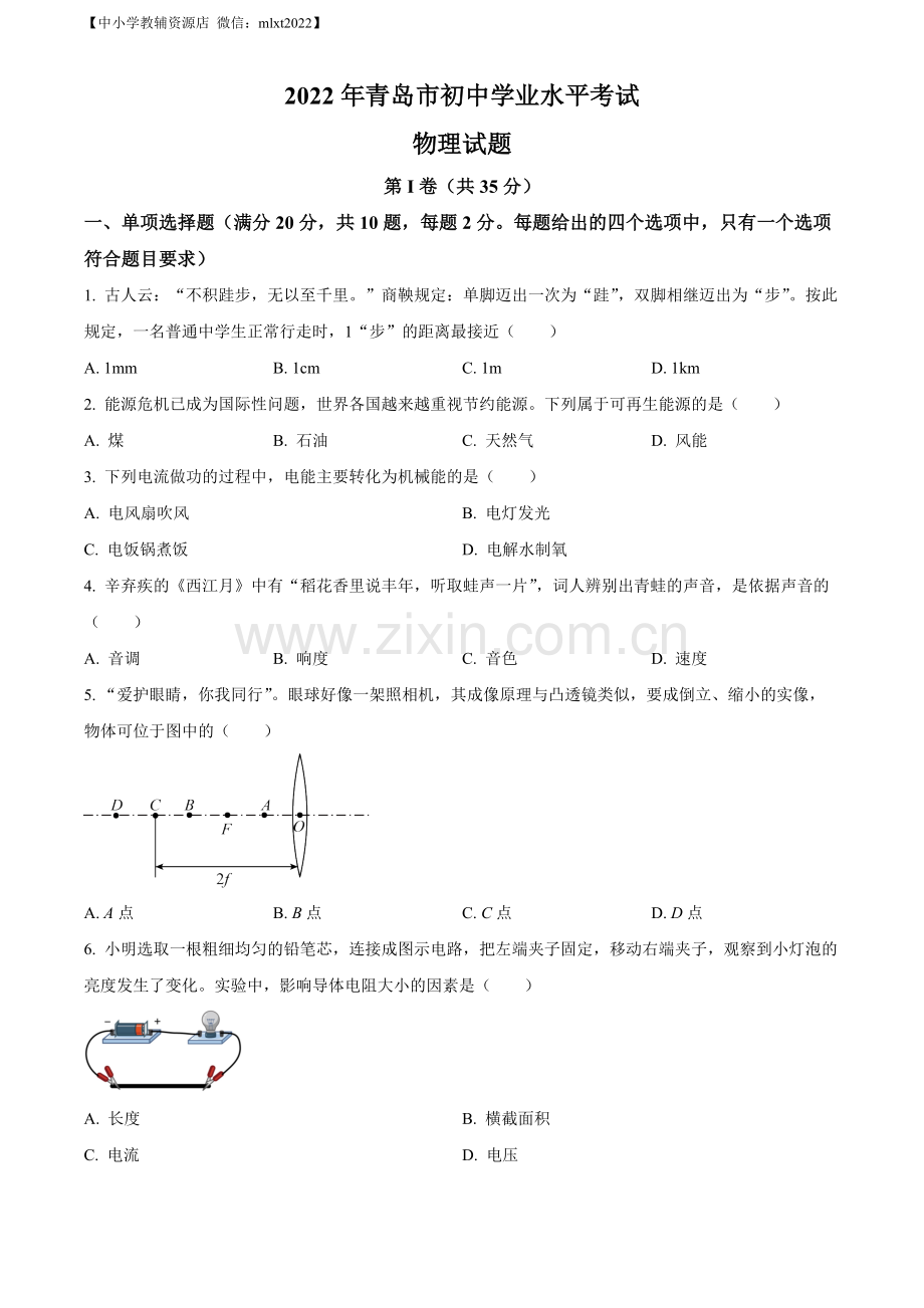 2022年山东省青岛市中考物理试题（原卷版）.docx_第1页