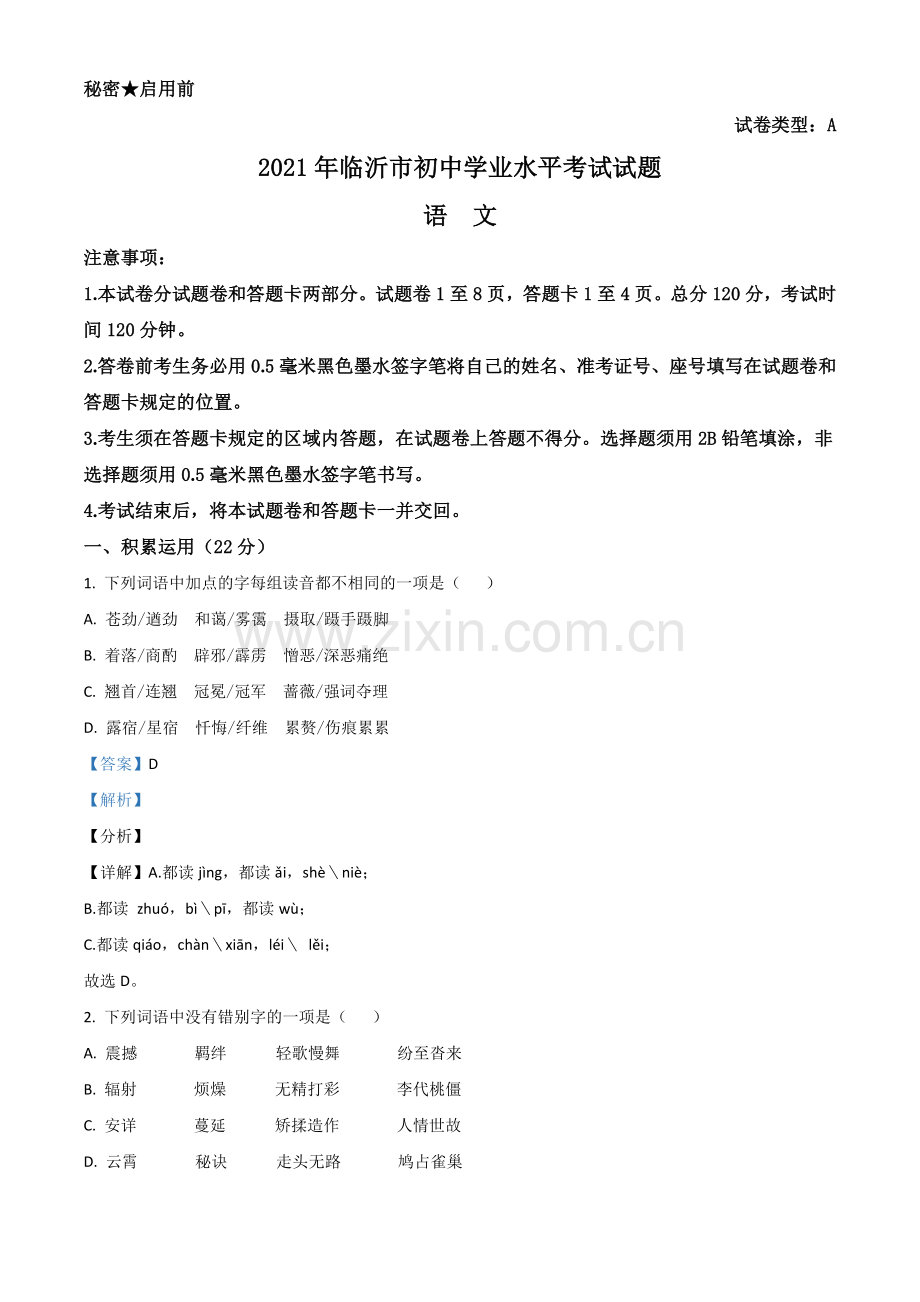 山东省临沂市2021年中考语文试题（解析版）.doc_第1页