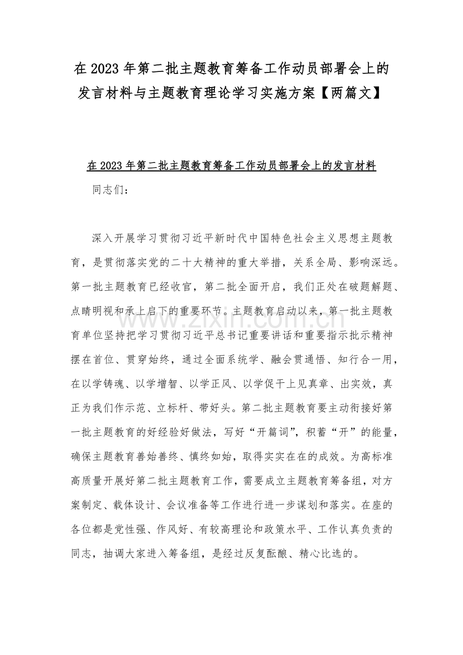 在2023年第二批主题教育筹备工作动员部署会上的发言材料与主题教育理论学习实施方案【两篇文】.docx_第1页