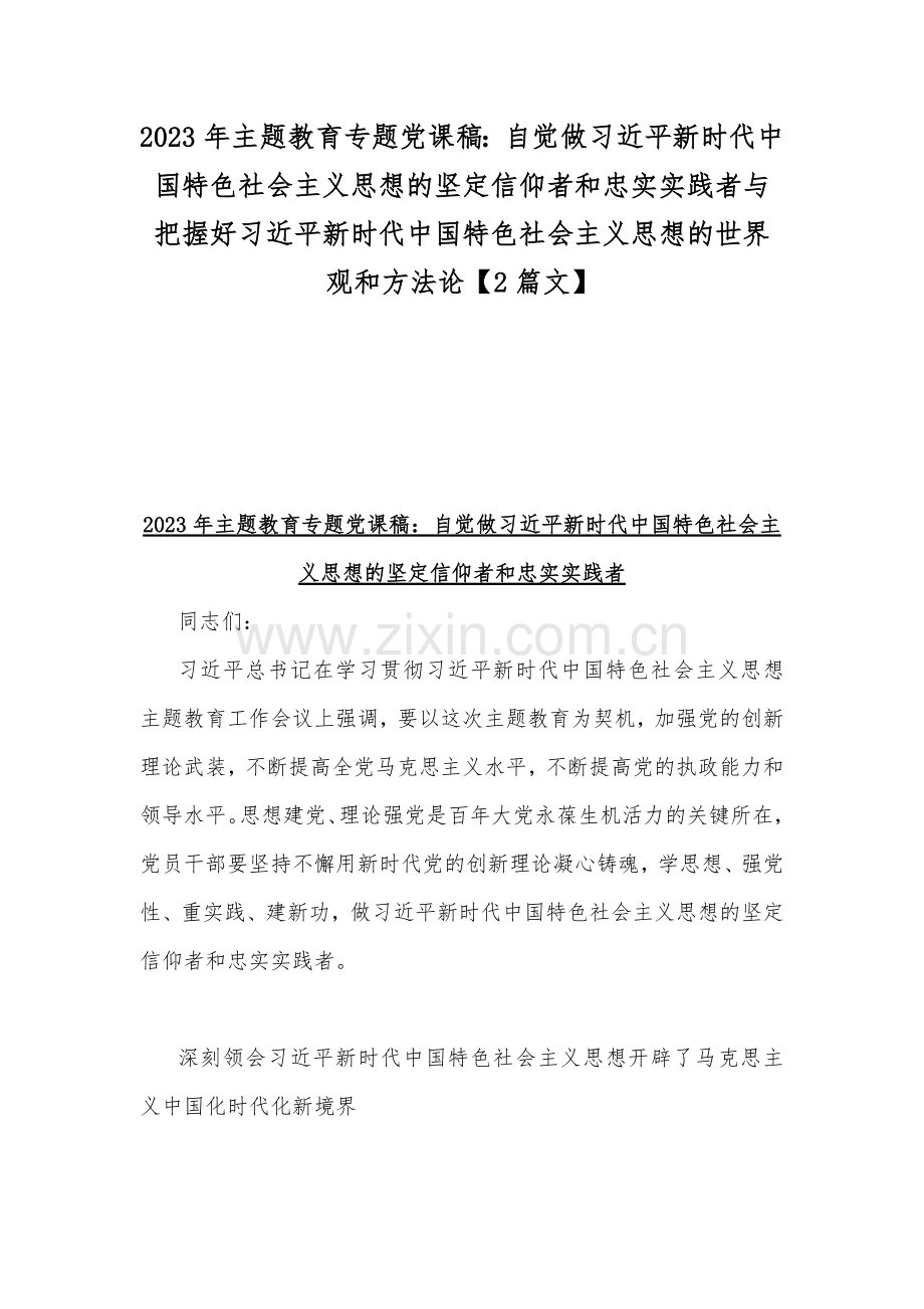 2023年主题教育专题党课稿.docx2023年主题教育专题党课稿：自觉做习近平新时代中国特色社会主义思想的坚定信仰者和忠实实践者与把握好习近平新时代中国特色社会主义思想的世界观和方法论【2篇文】.docx_第1页