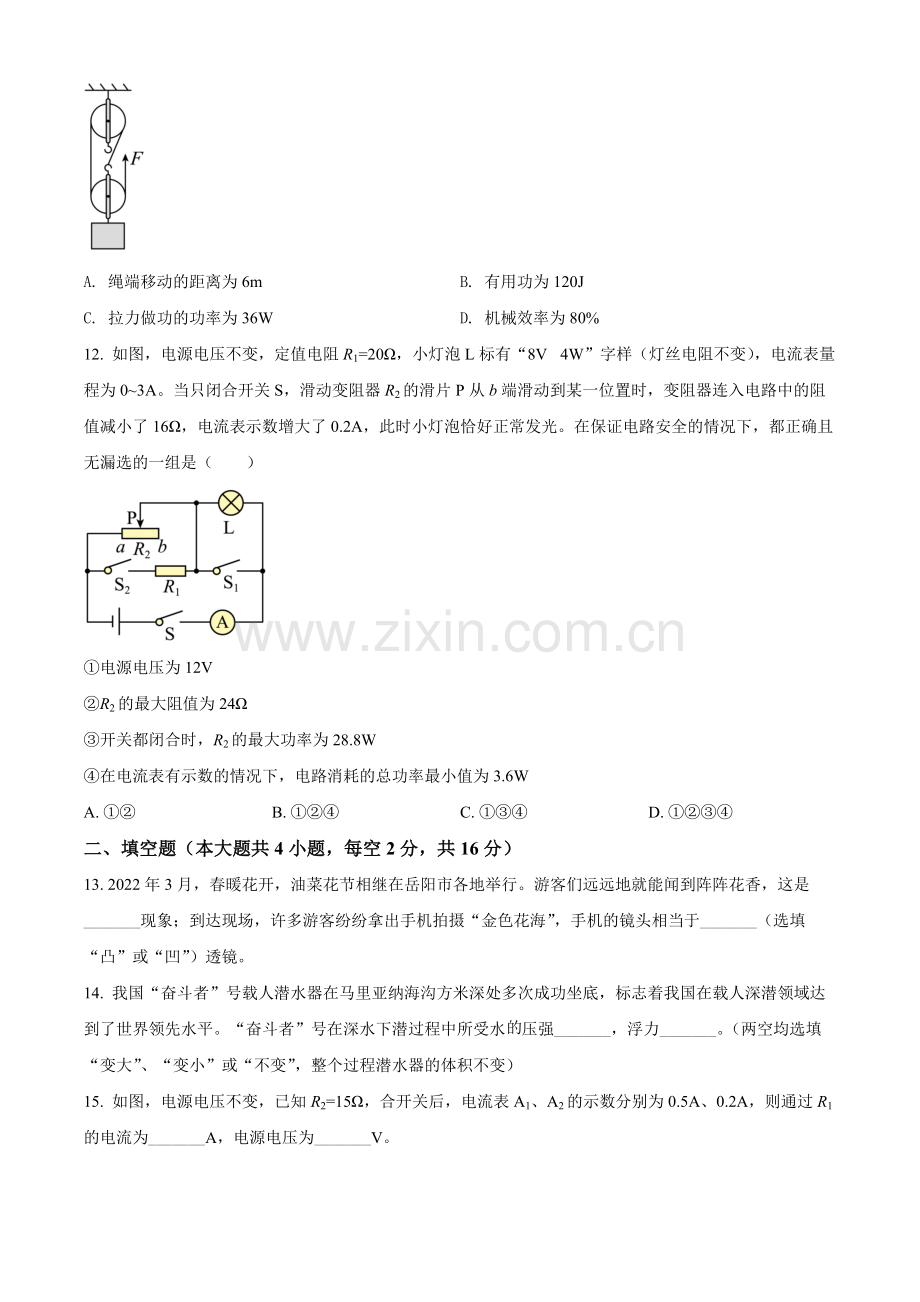 2022年湖南省岳阳市中考物理试题（原卷版）.docx_第3页