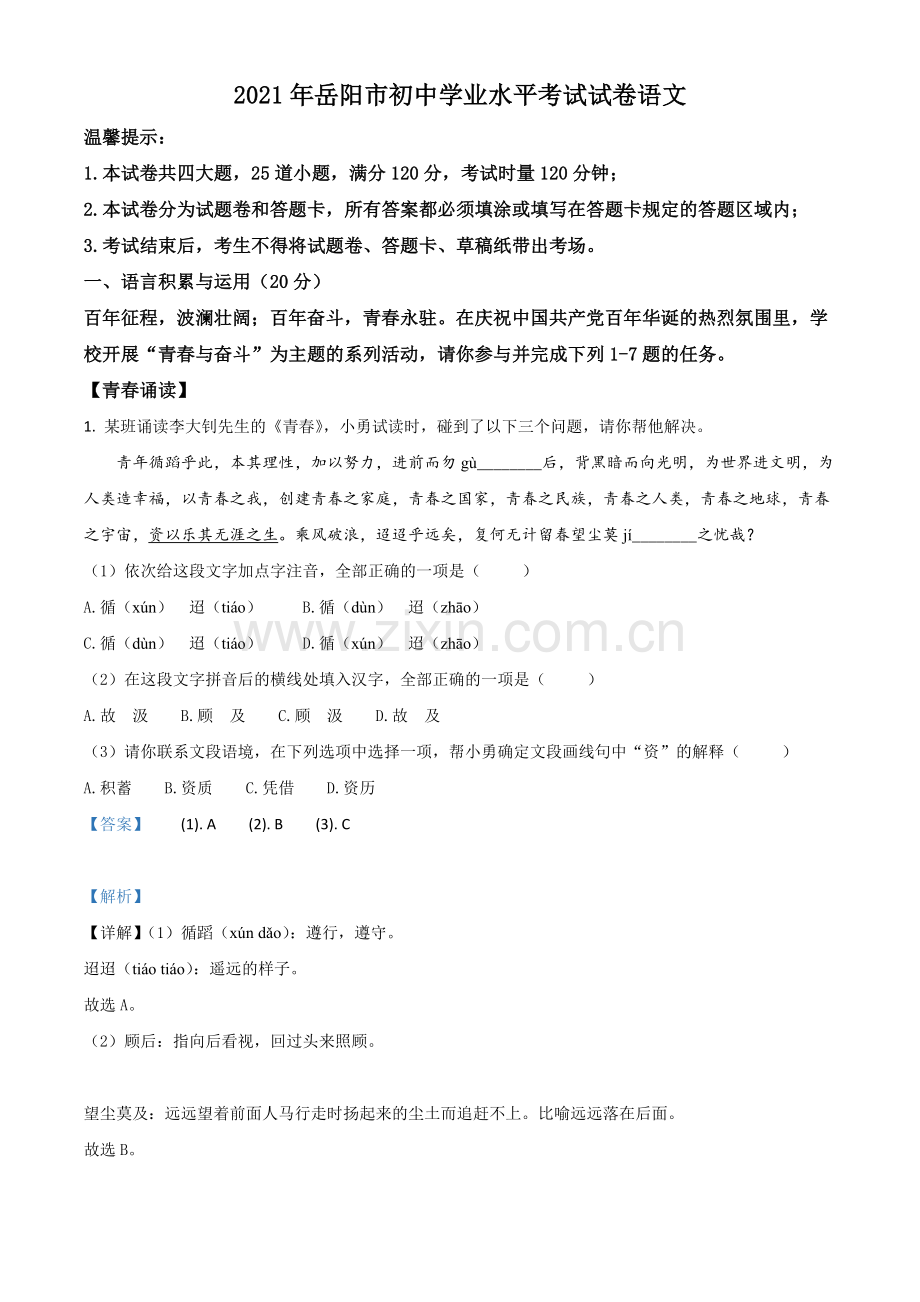 湖南省岳阳市2021年中考语文试题（解析版）.doc_第1页