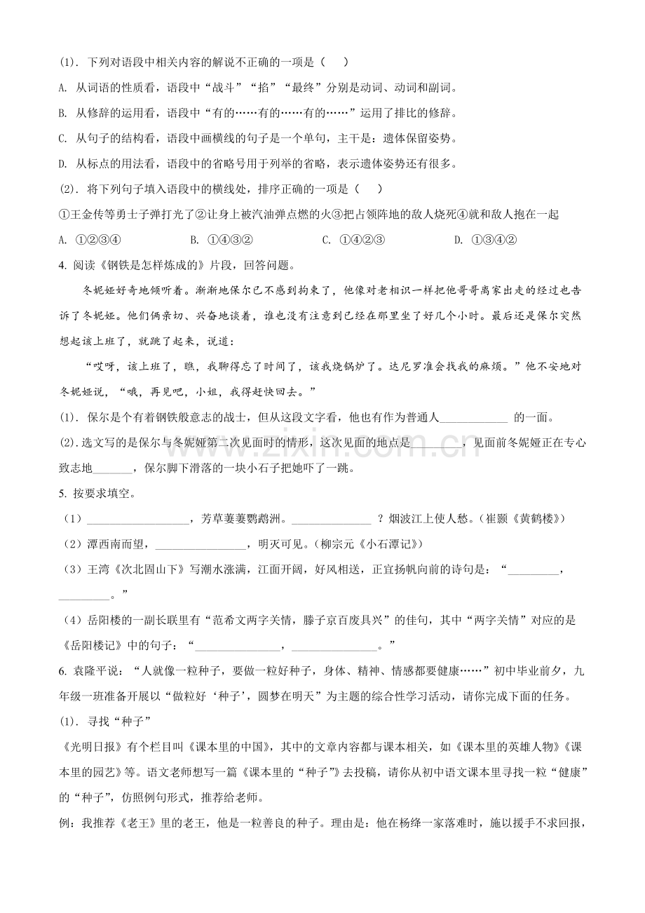 湖南省益阳市2021年中考语文试题（原卷版）.doc_第2页