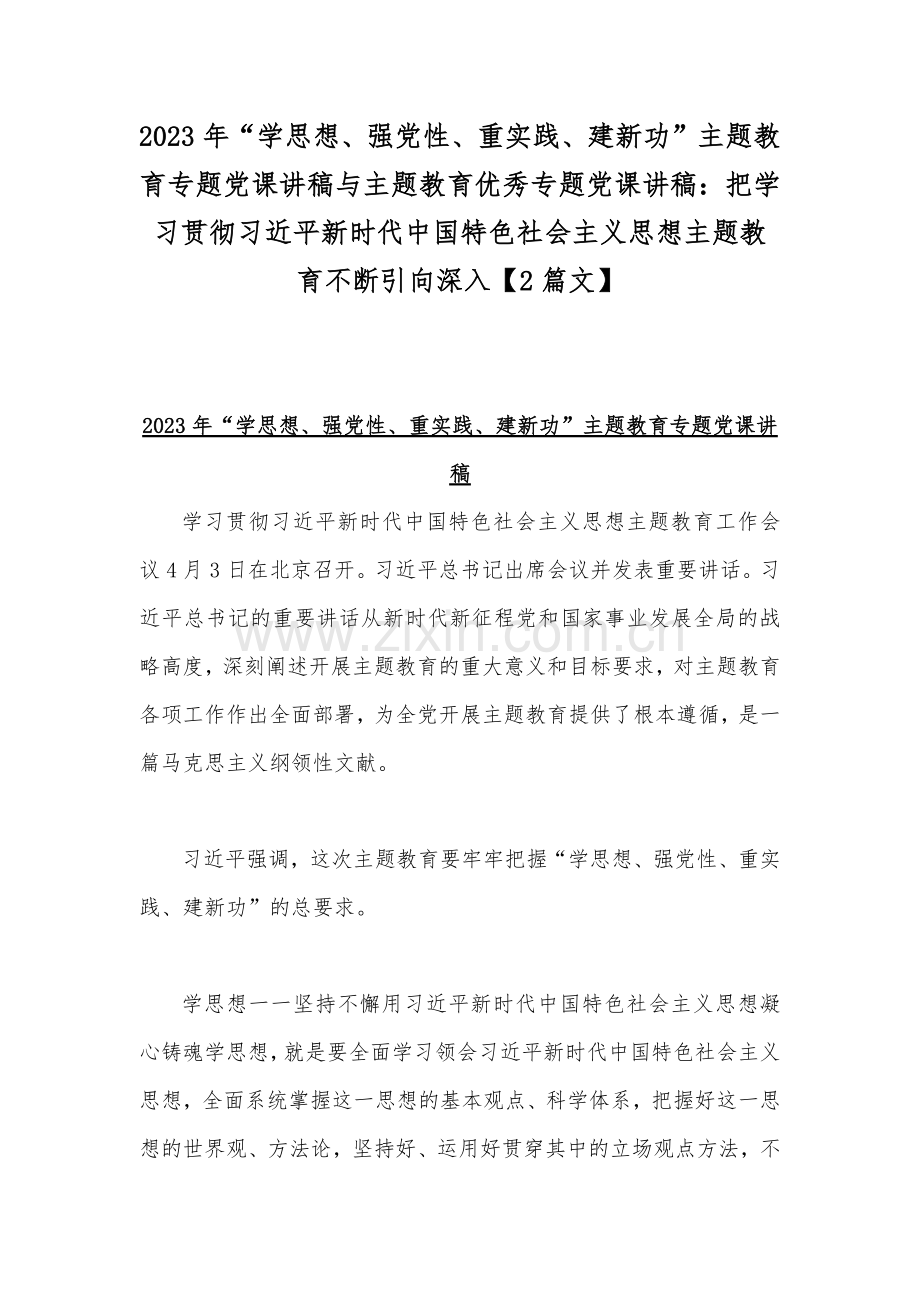 2023年“学思想、强党性、重实践、建新功”主题教育专题党课讲稿与主题教育优秀专题党课讲稿：把学习贯彻习近平新时代中国特色社会主义思想主题教育不断引向深入【2篇文】.docx_第1页