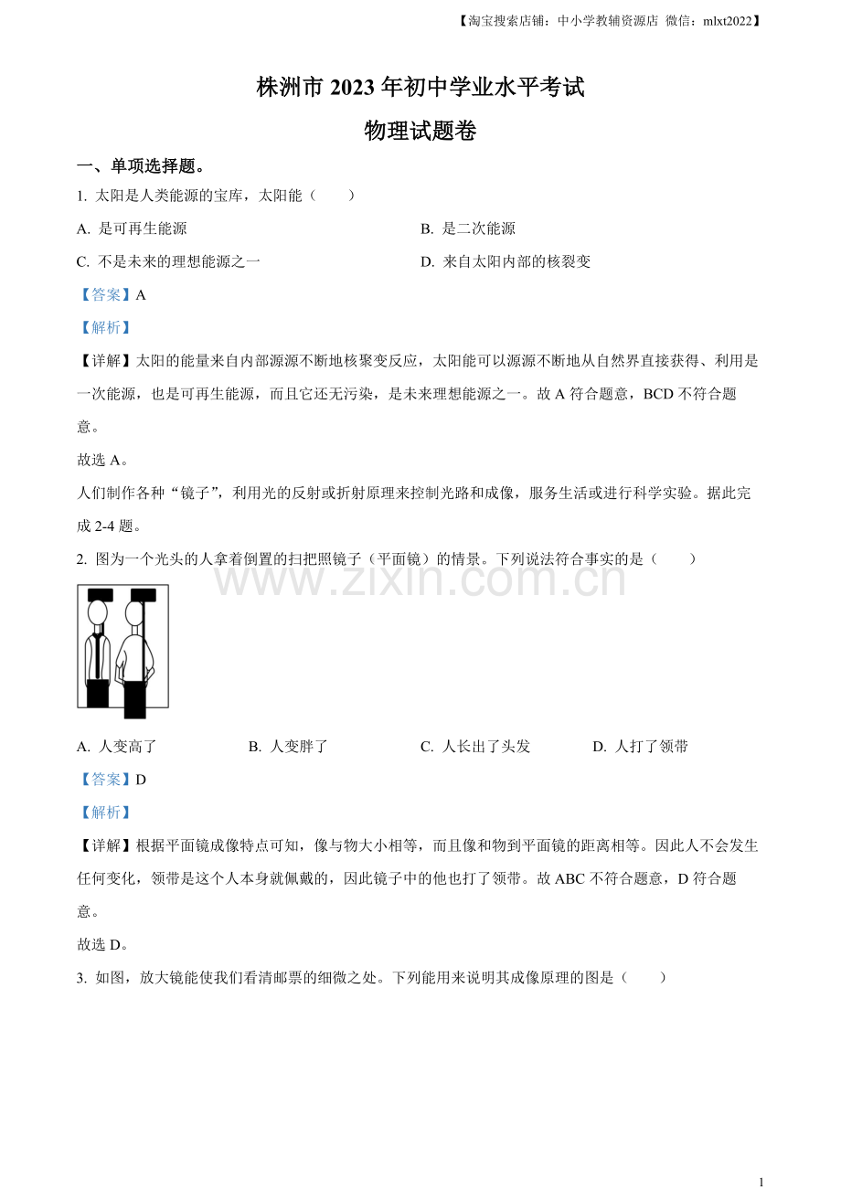 2023年湖南省株洲市中考物理试题（解析版）.docx_第1页