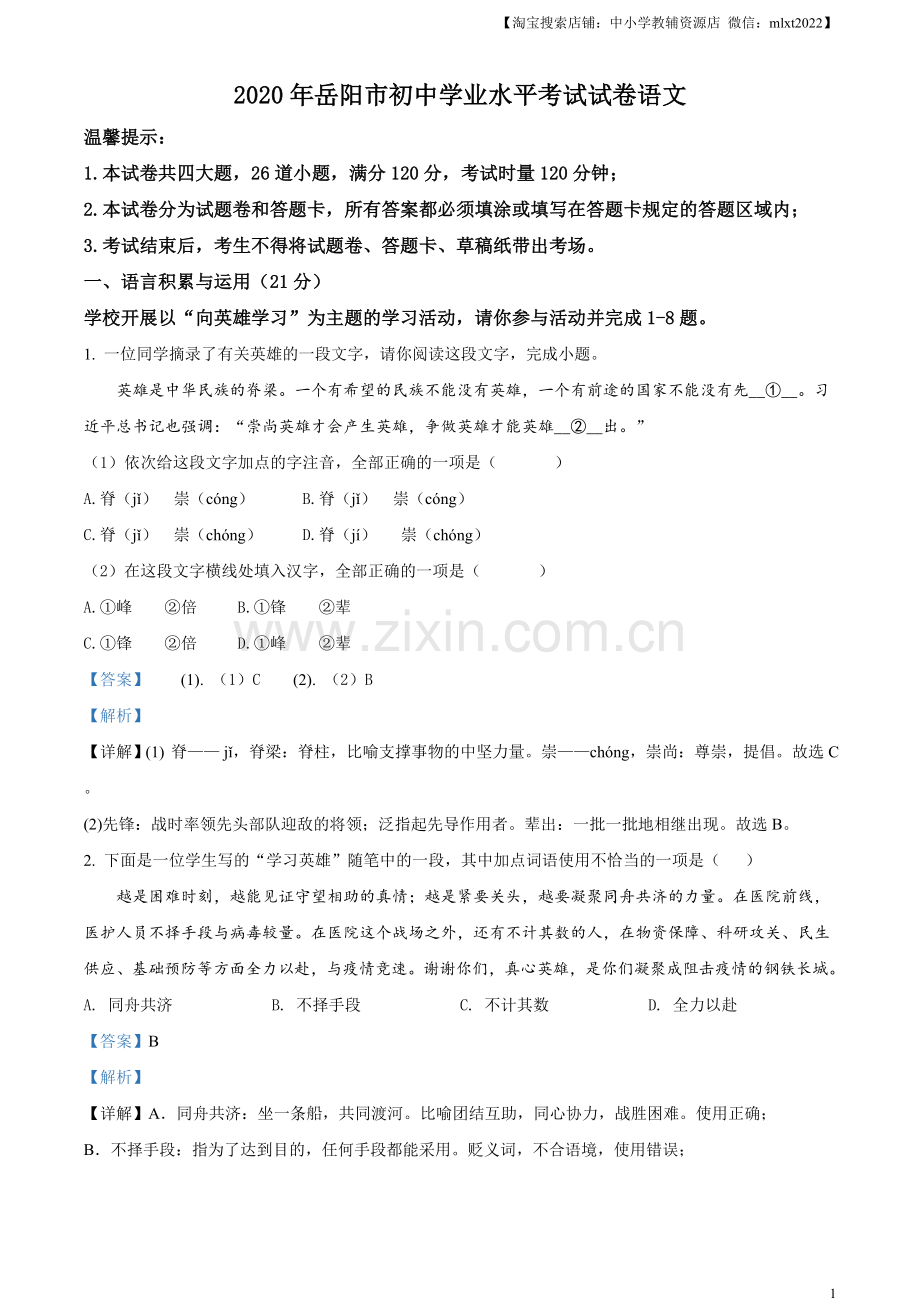 湖南省岳阳市2020年中考语文试题（解析版）.doc_第1页