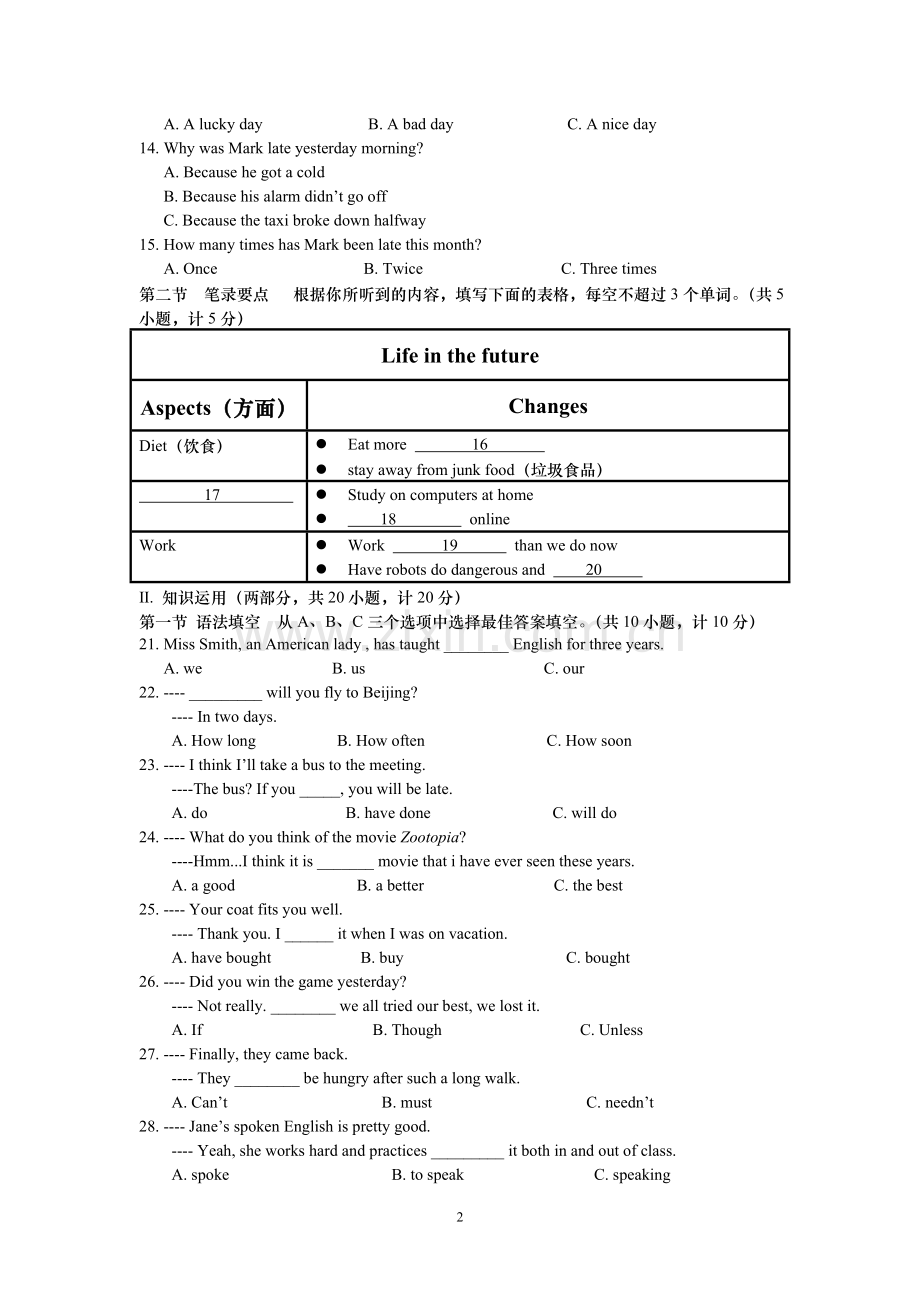 2016长沙市中考英语试题及答案.doc_第2页