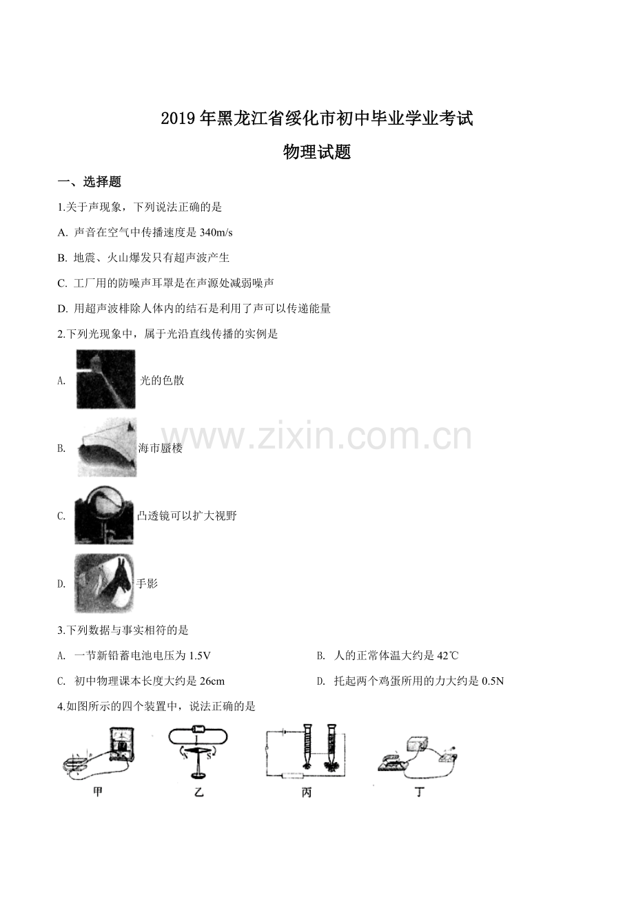 2019年黑龙江省绥化市中考物理试题（原卷版）.doc_第1页