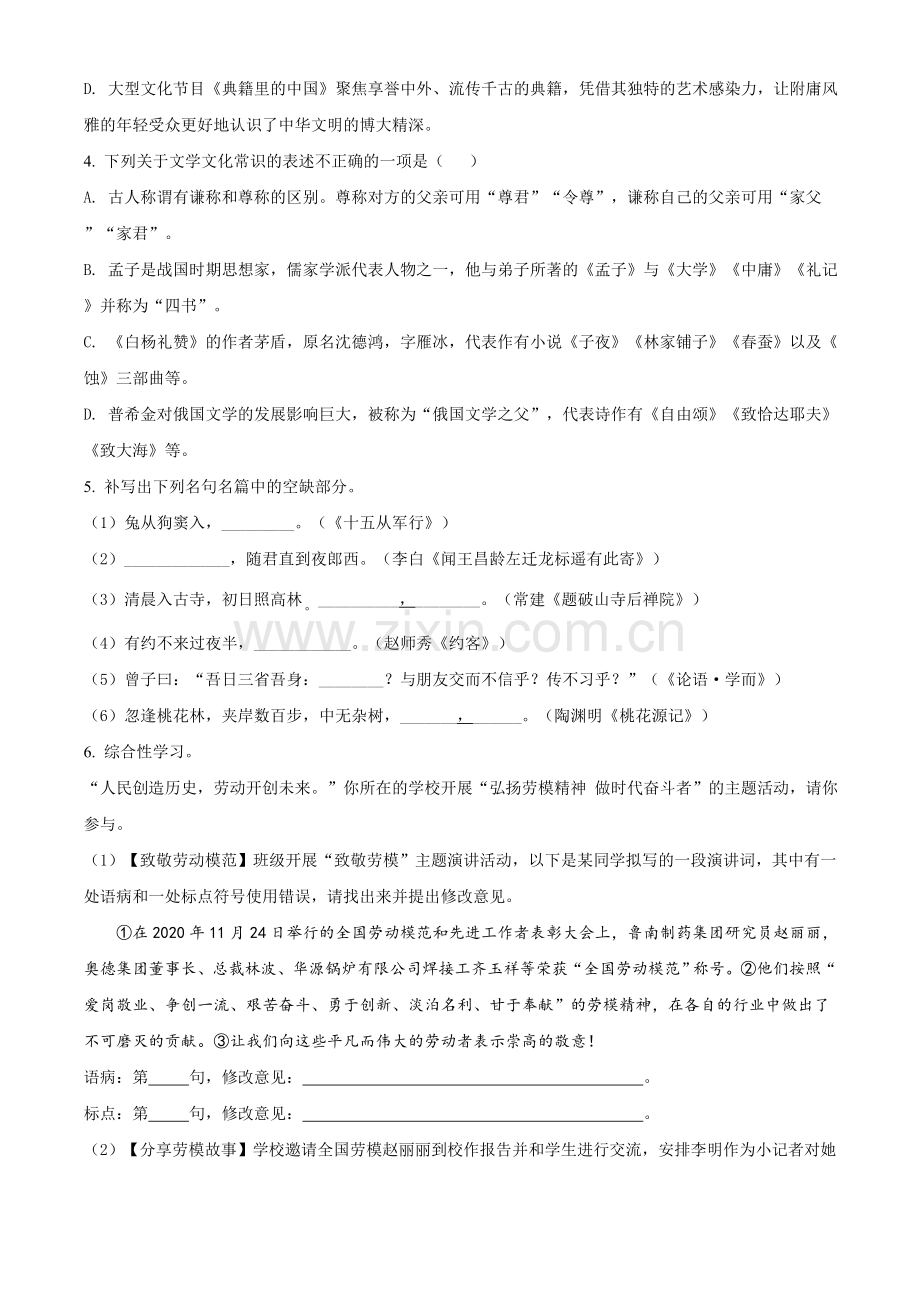 山东省临沂市2021年中考语文试题（原卷版）.doc_第2页