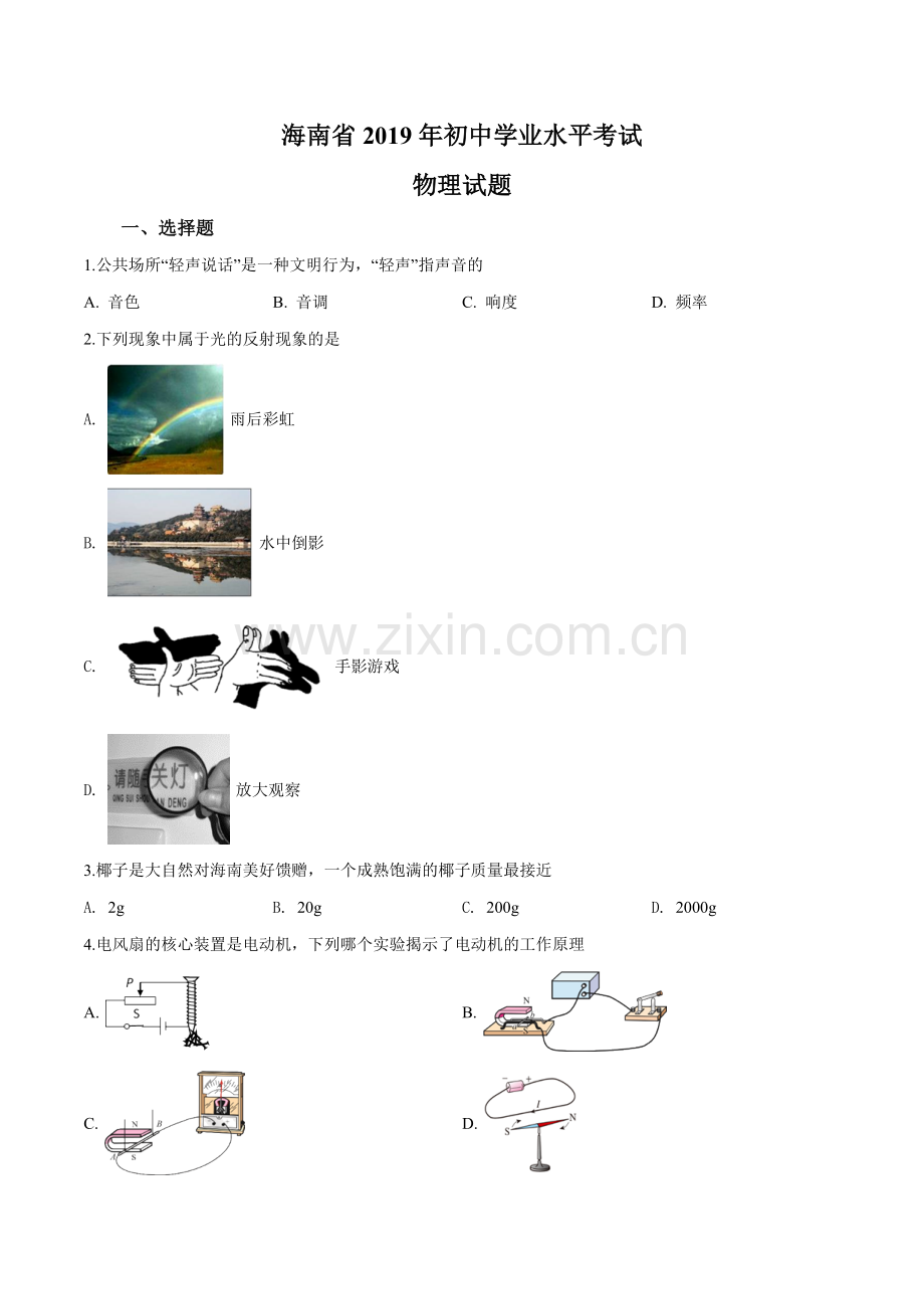 2019年海南省中考物理试题（原卷版）.doc_第1页