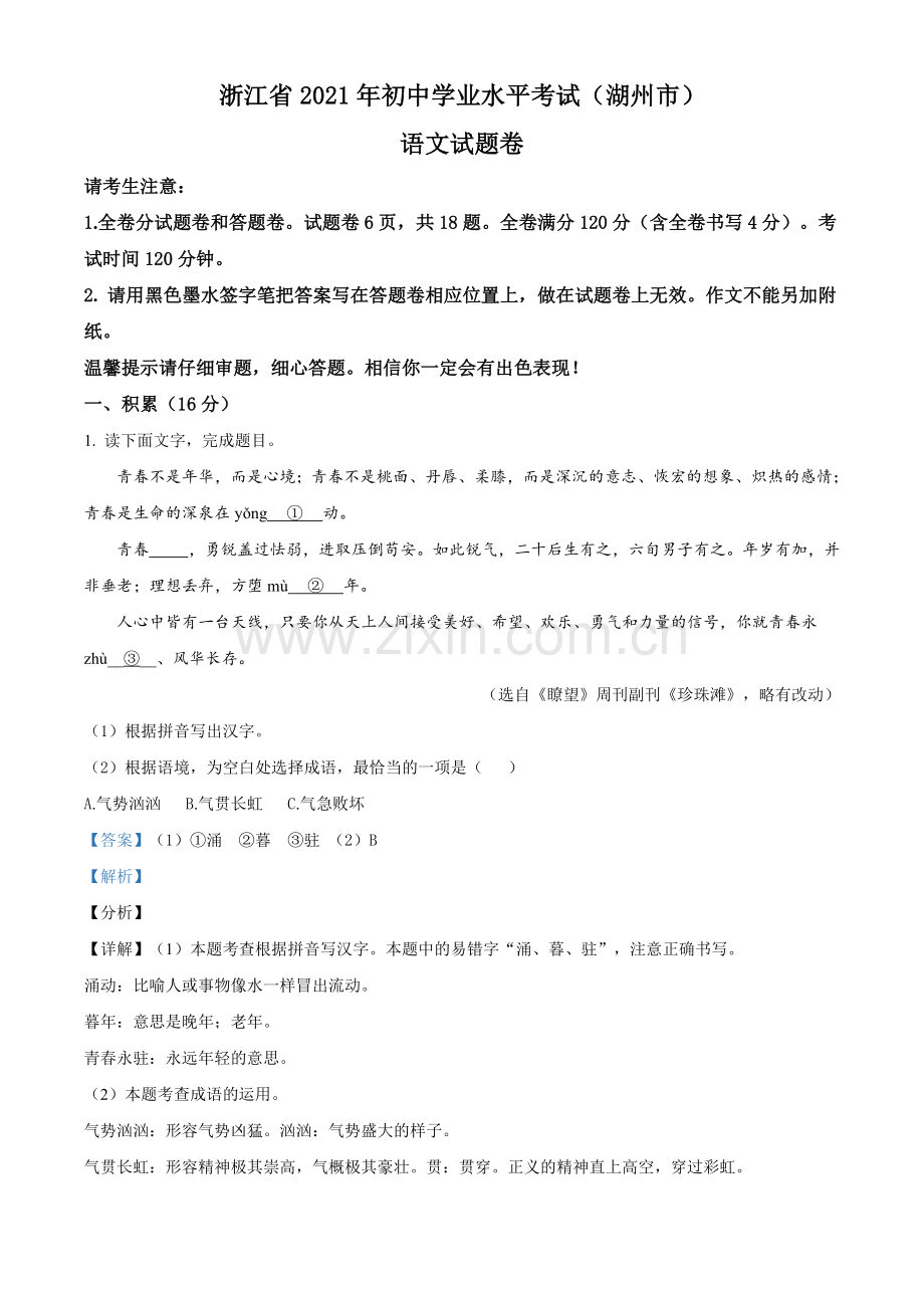 浙江省湖州市2021年中考语文试题（解析版）.doc_第1页