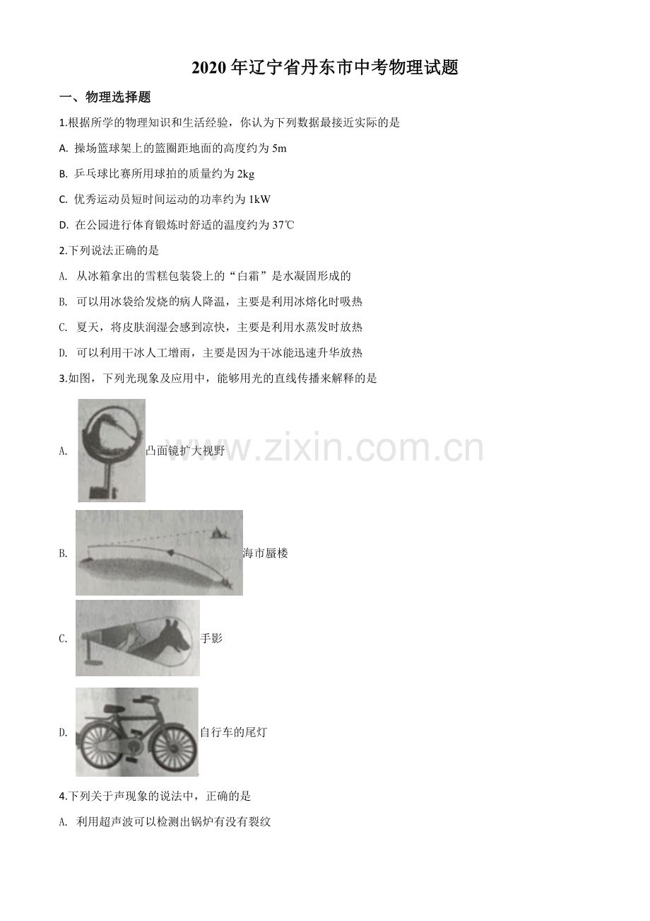 2020年辽宁省丹东市中考物理试题（原卷版）.doc_第1页