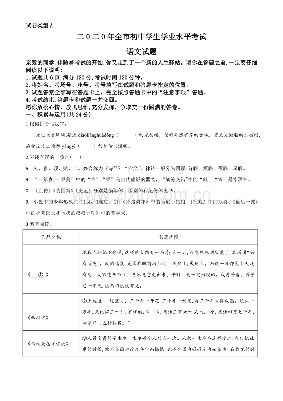 山东省聊城市2020年中考语文试题（原卷版）.doc_第1页