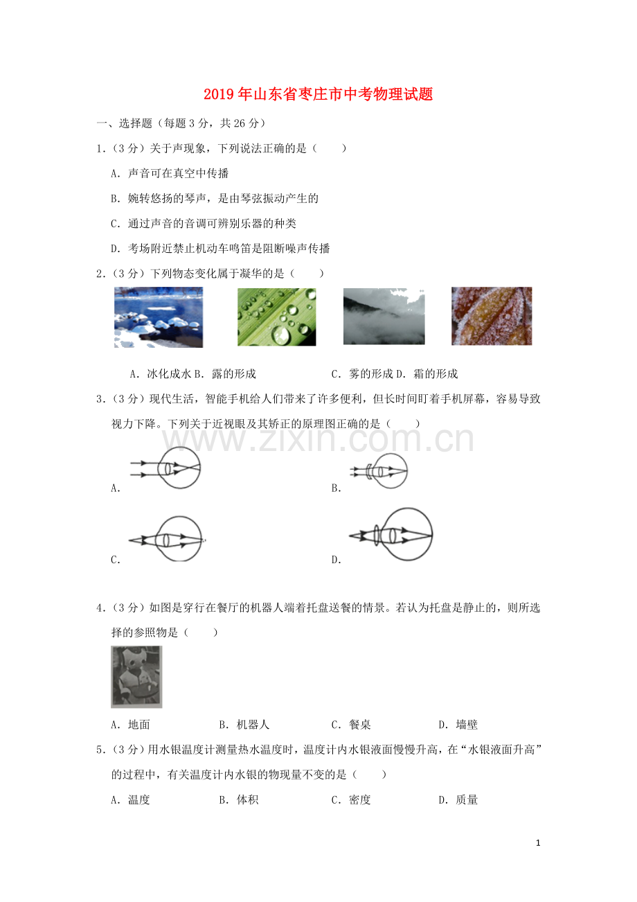 山东省枣庄市2019年中考物理真题试题.docx_第1页