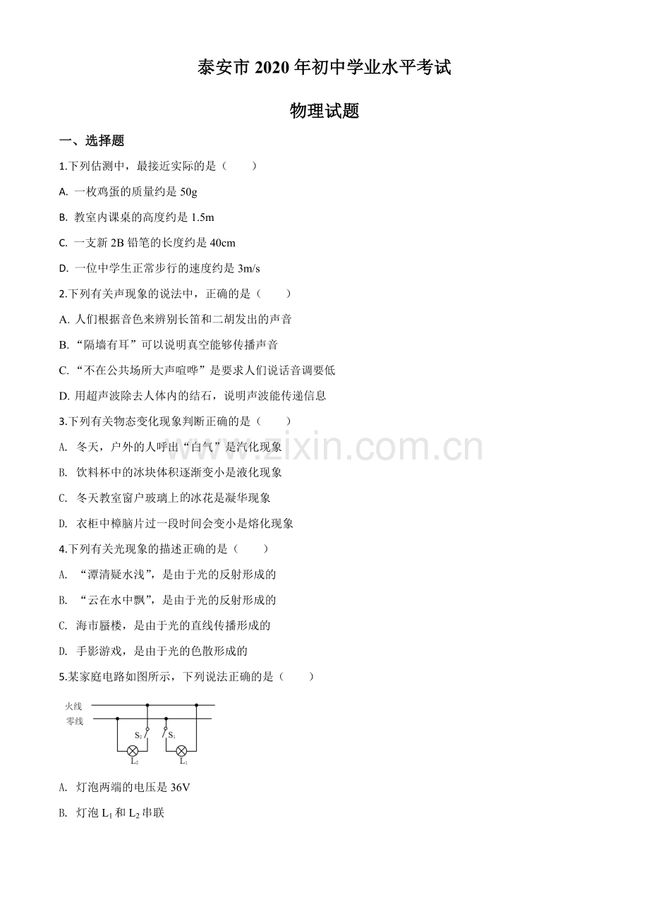 2020年山东省泰安市中考物理试题（原卷版）.doc_第1页